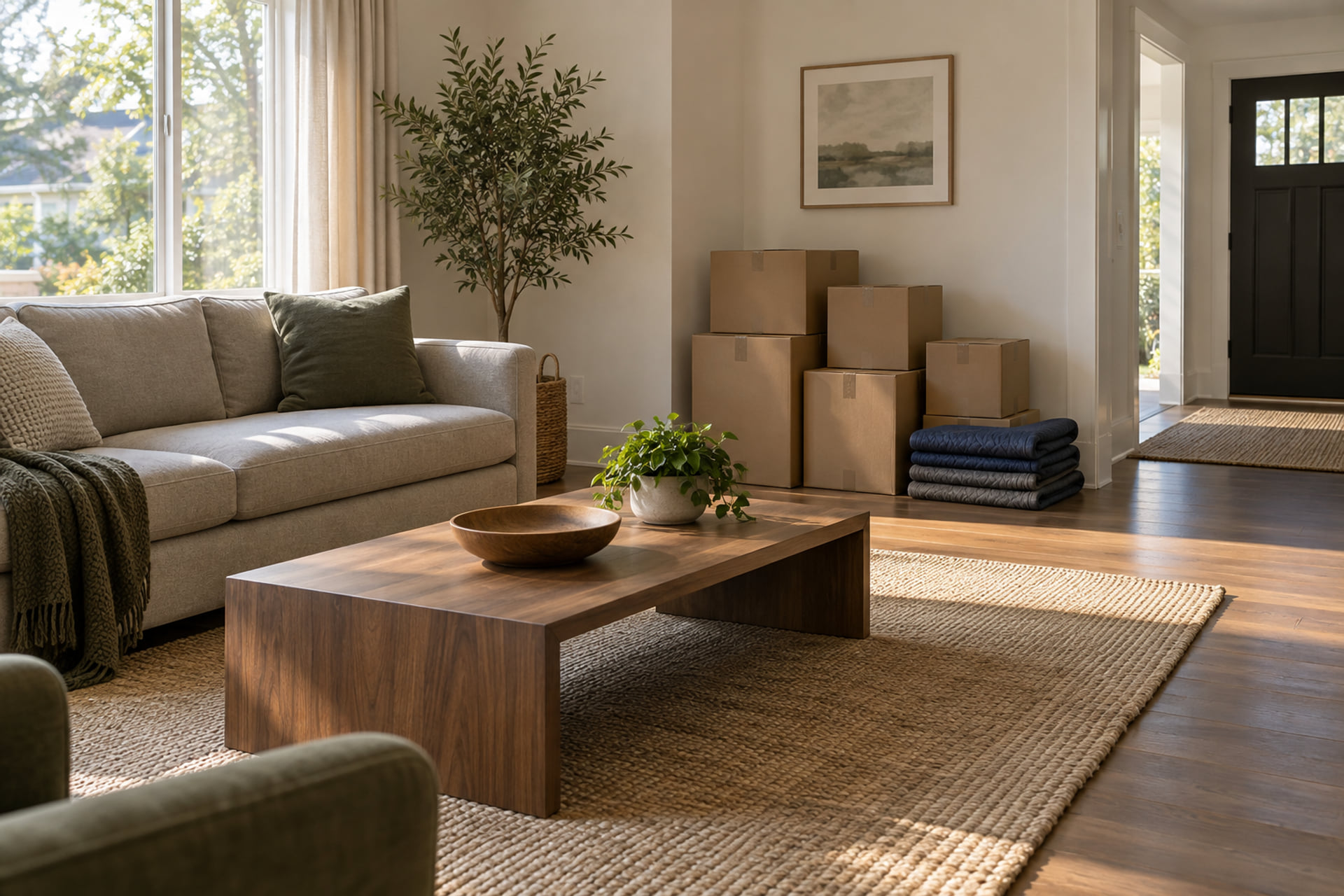 Packed living room with furniture and household cartons