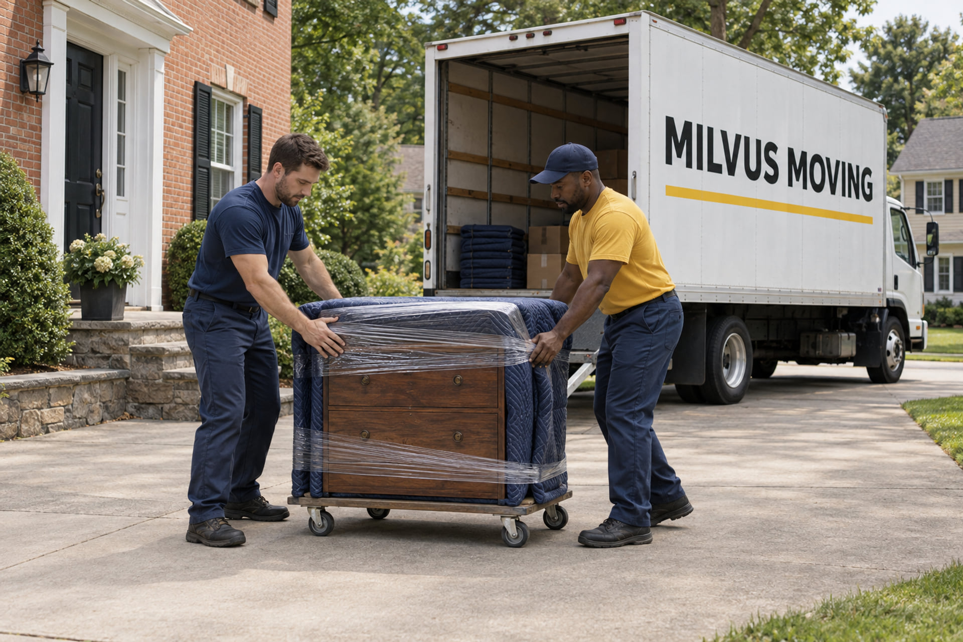 Movers preparing furniture outside a Springfield-style home