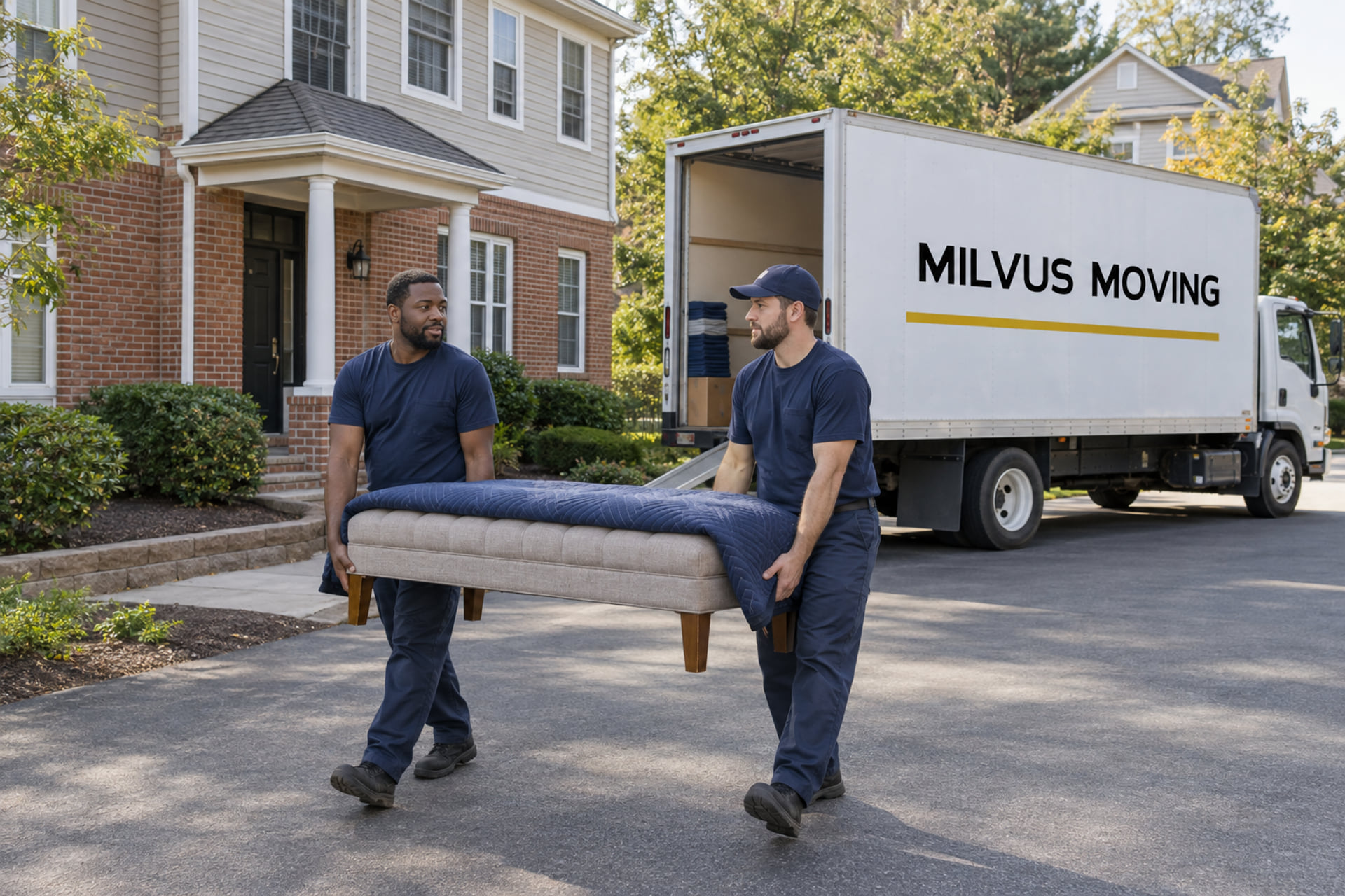 Movers carrying a padded bench near a residential entrance