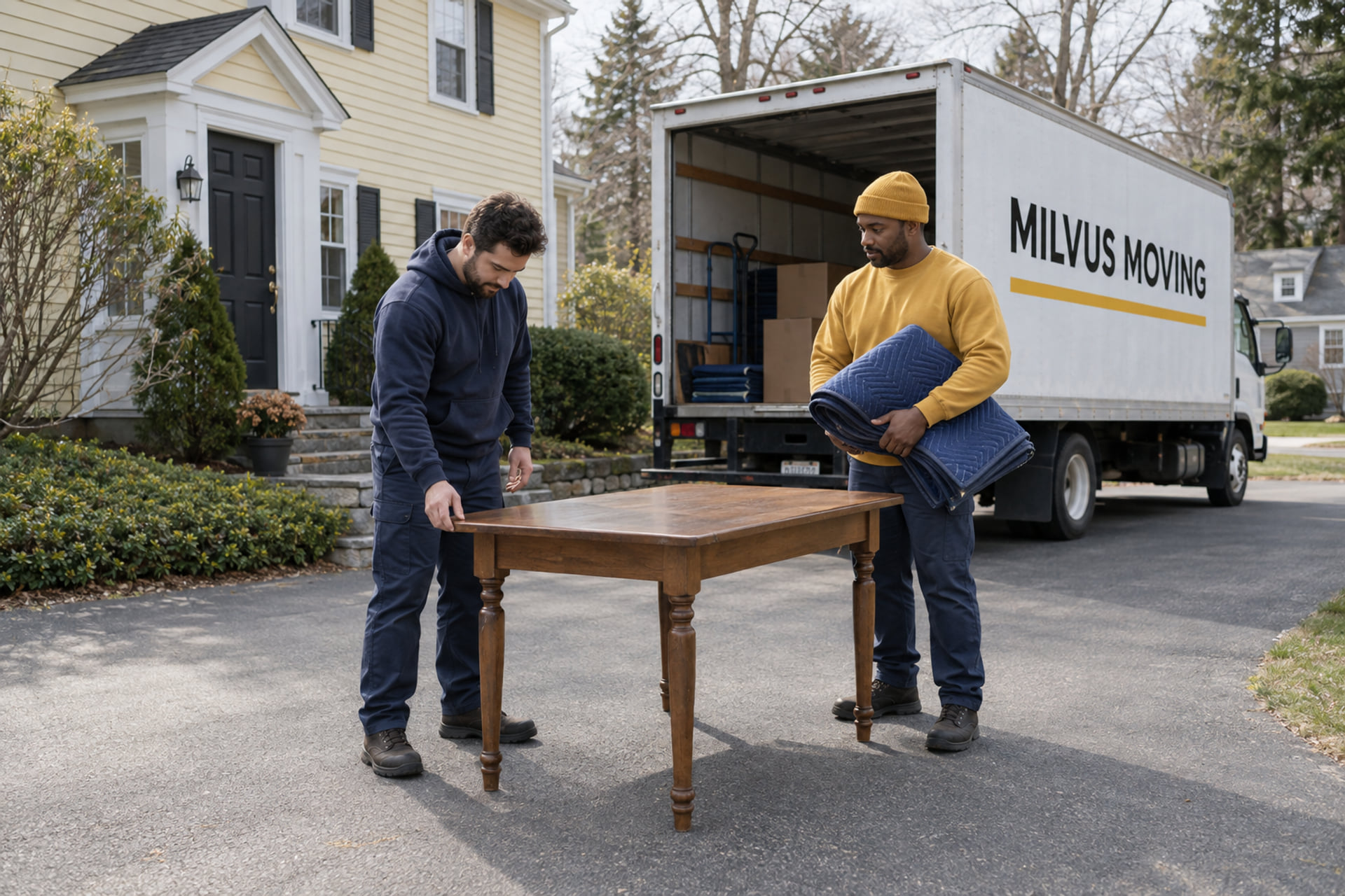 Movers preparing a table outside a suburban home