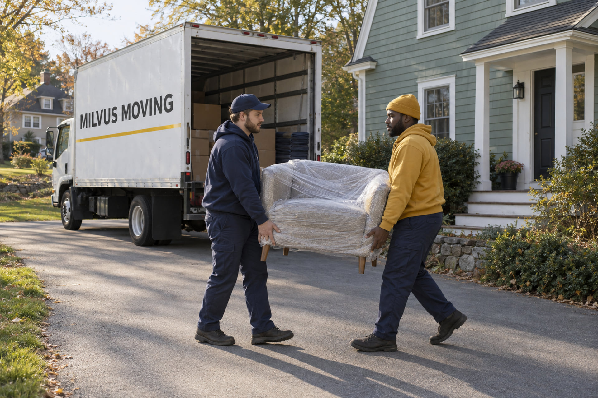 Movers carrying a protected chair beside a Taunton-style house