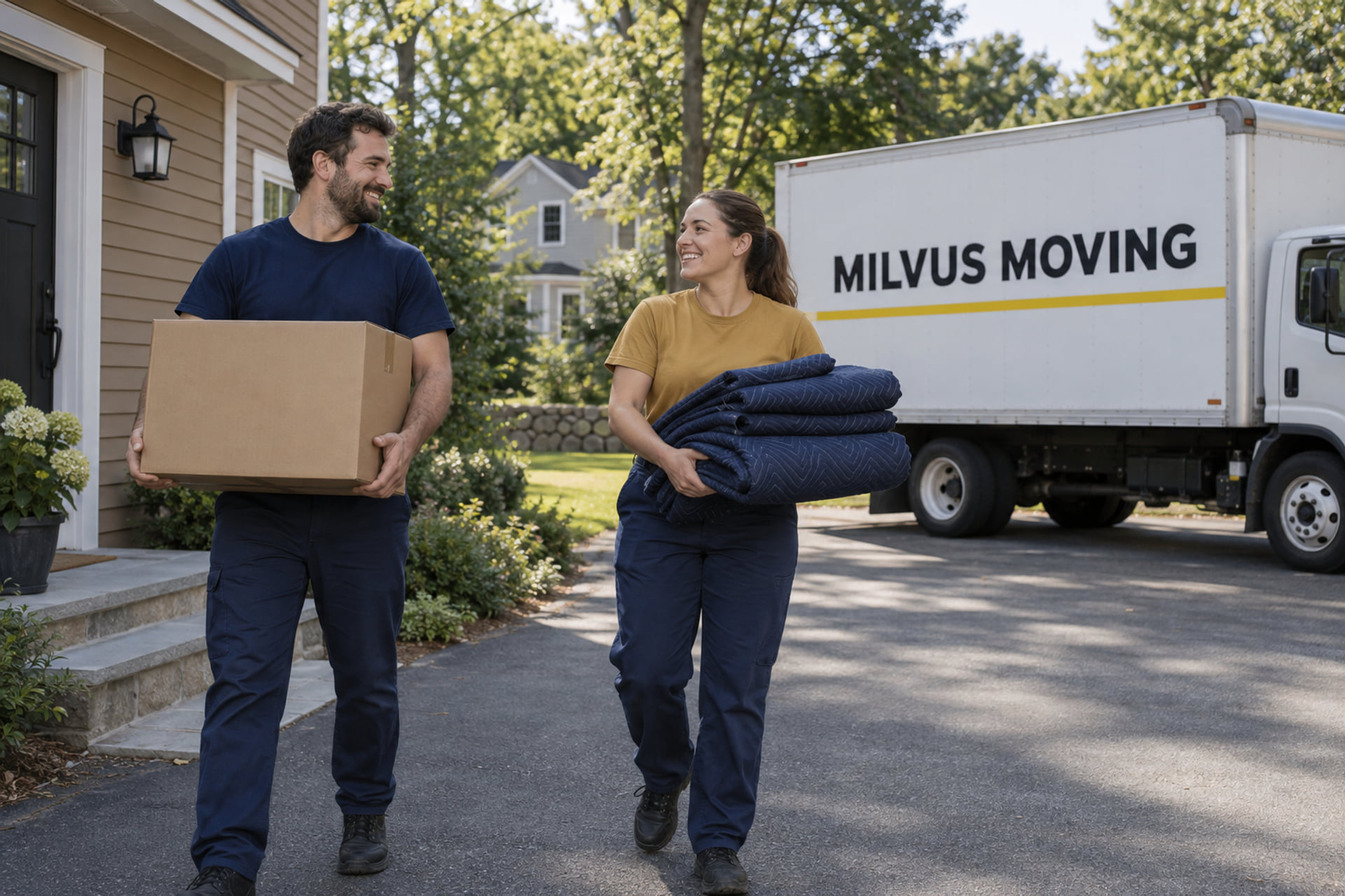 Movers preparing a household load beside a New England home