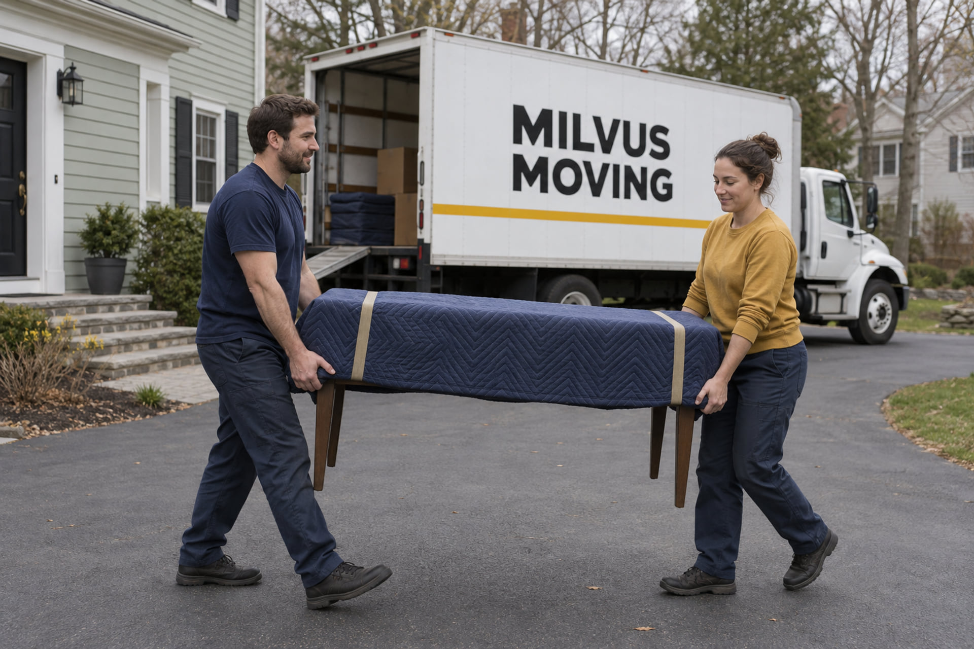 Movers carrying a protected small table outside a suburban house