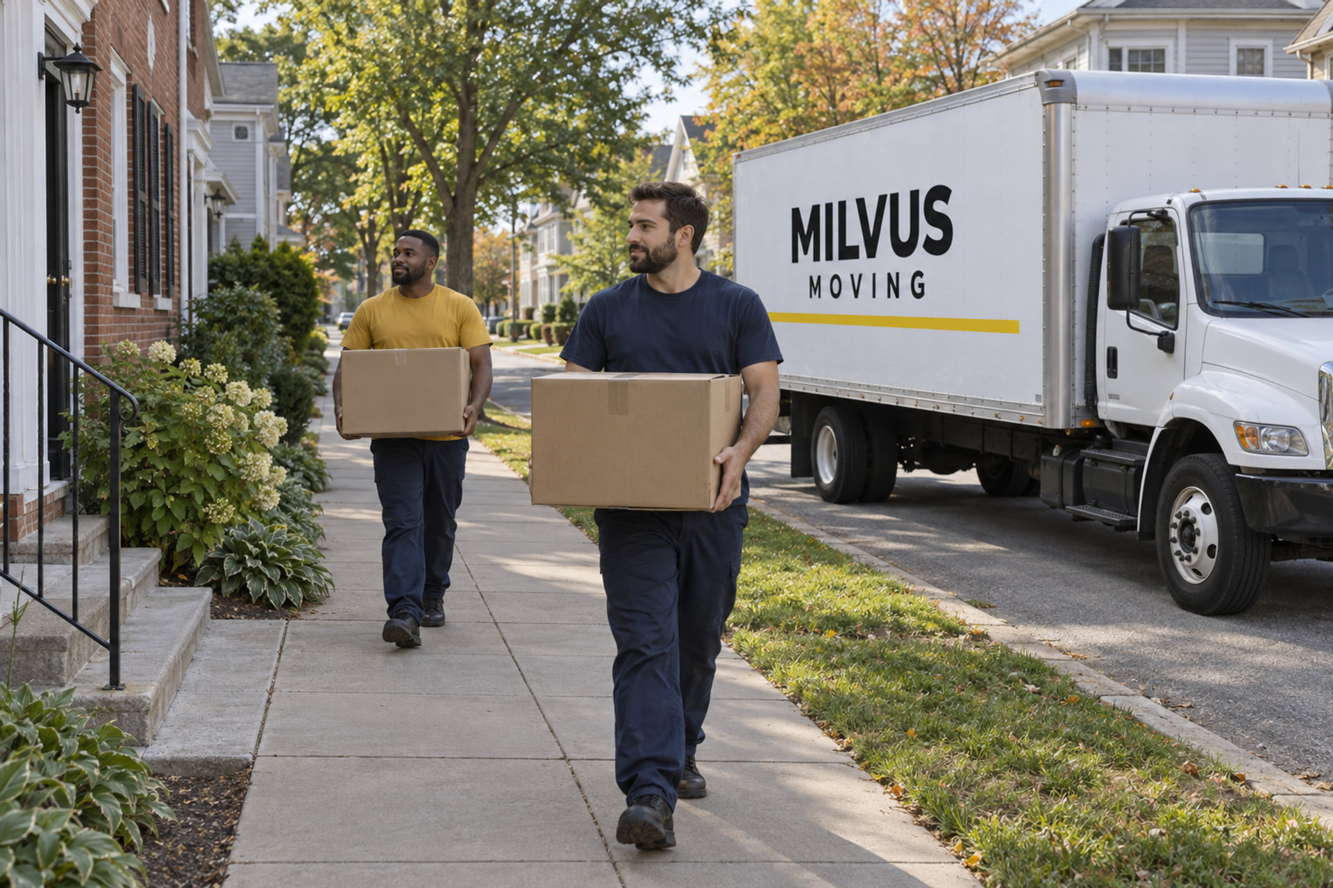 Movers collecting cartons beside a residential street