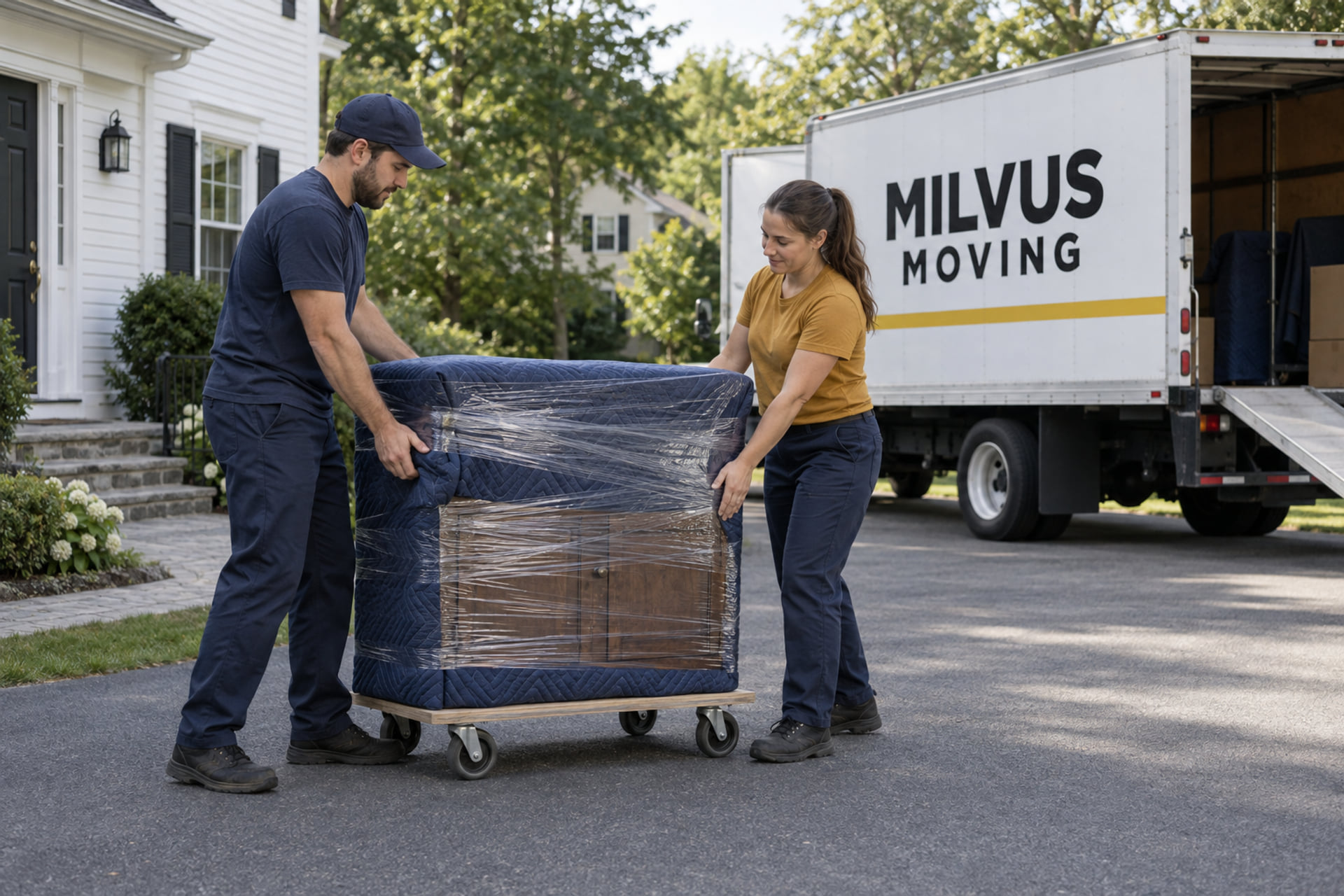 Movers preparing a protected wooden cabinet outside a home