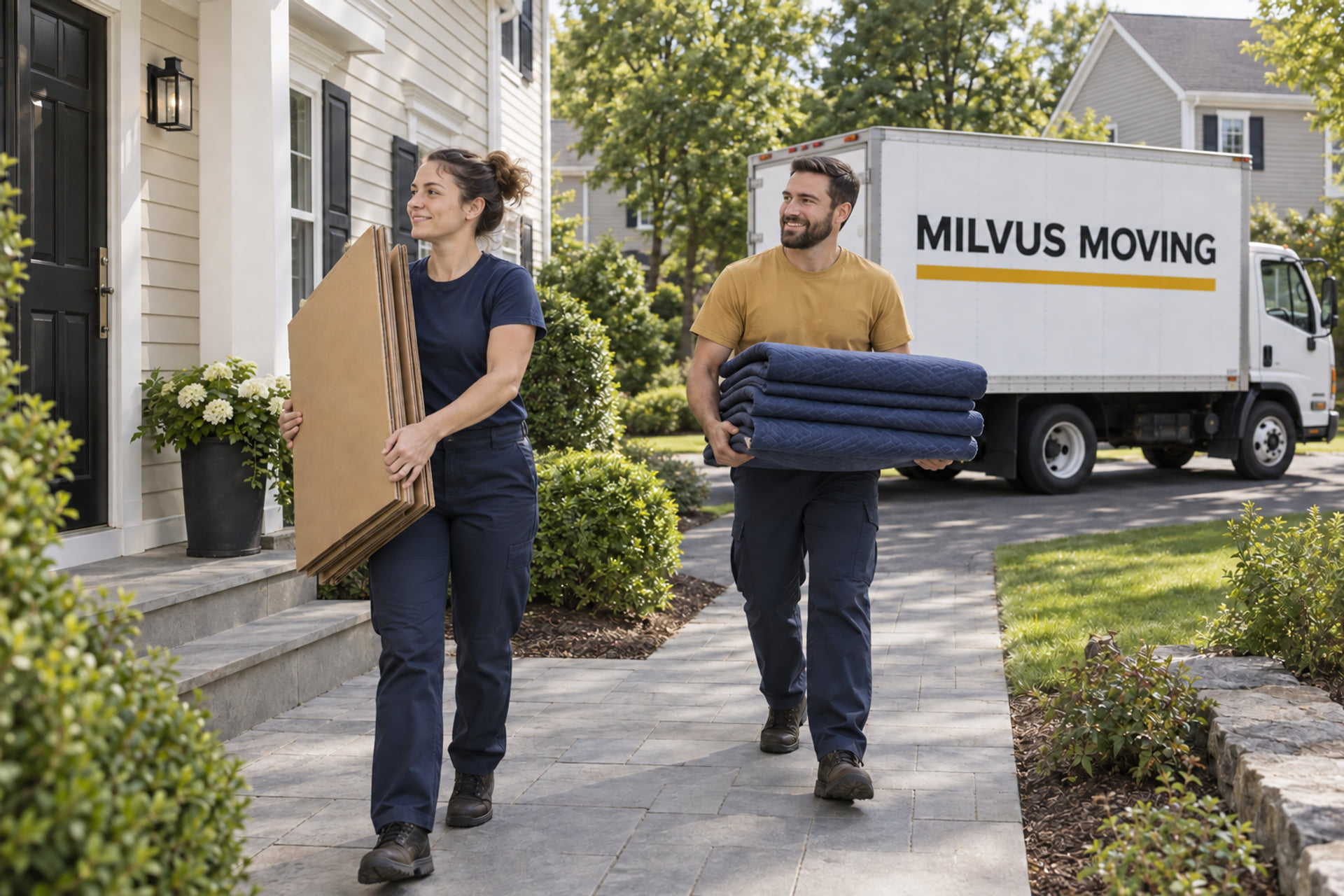 Movers carrying packing supplies to a suburban home