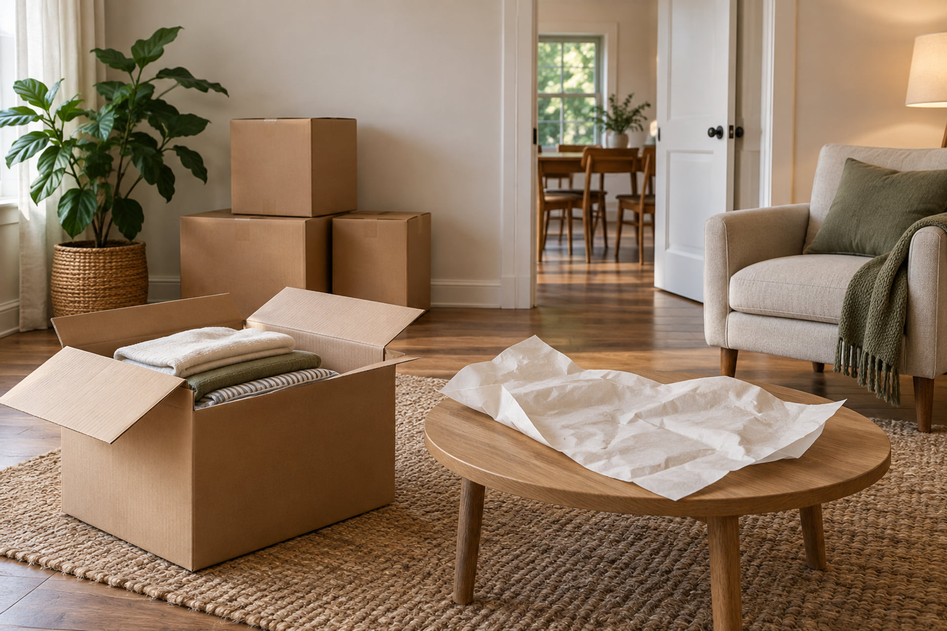 Household packing in progress with completed carton groups