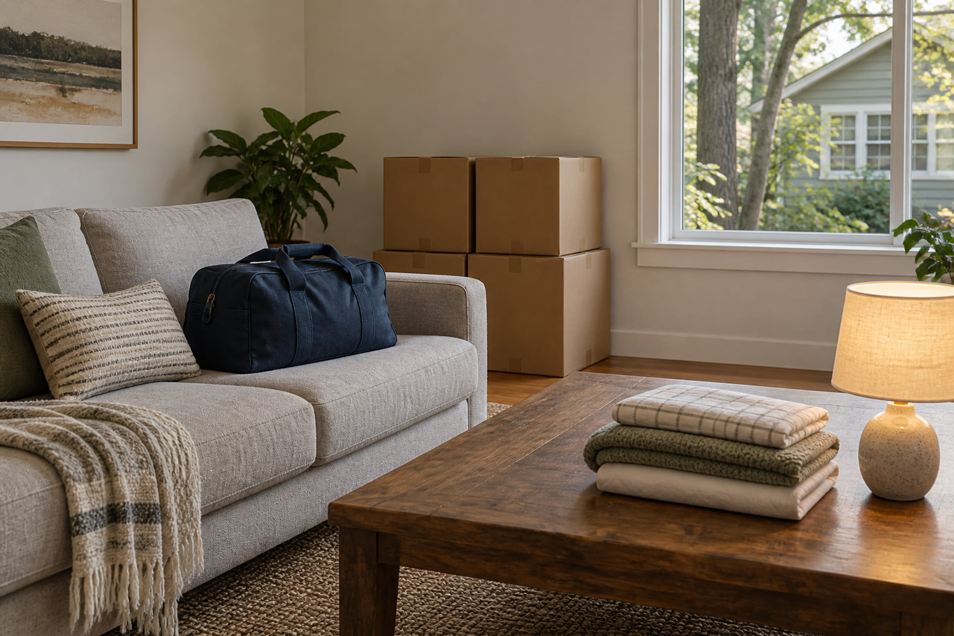 Packed receiving home with essential belongings separated