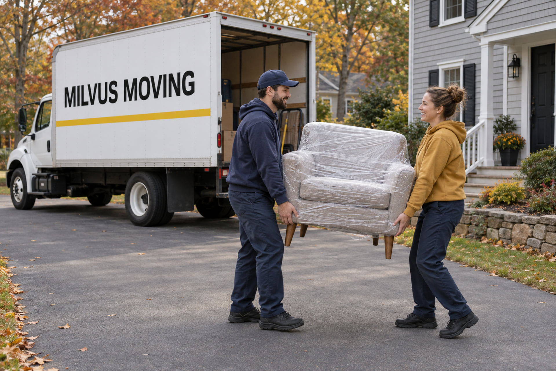 Movers carrying a protected armchair beside a Western Massachusetts-style home