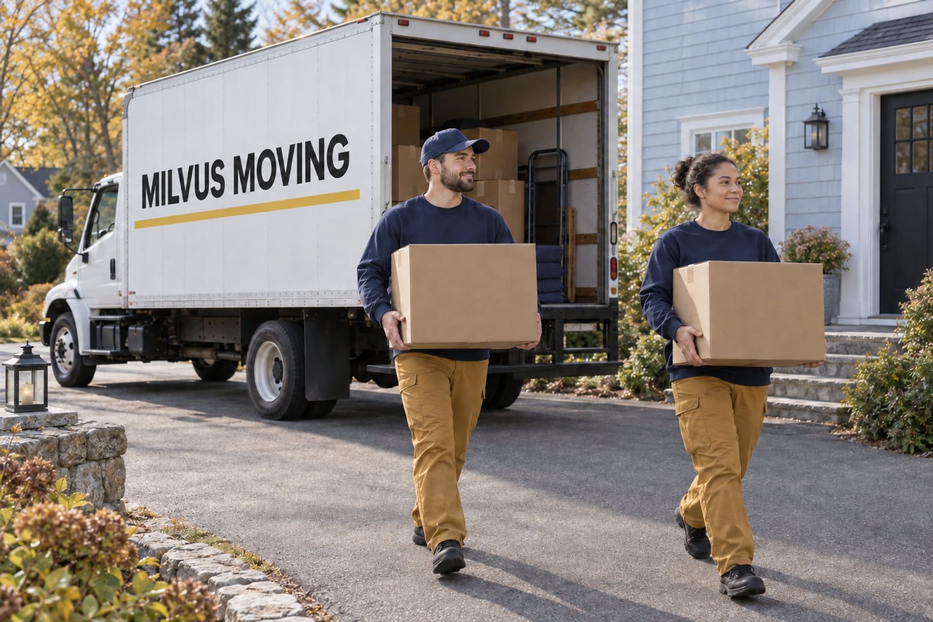 Movers preparing a household pickup beside a Massachusetts house