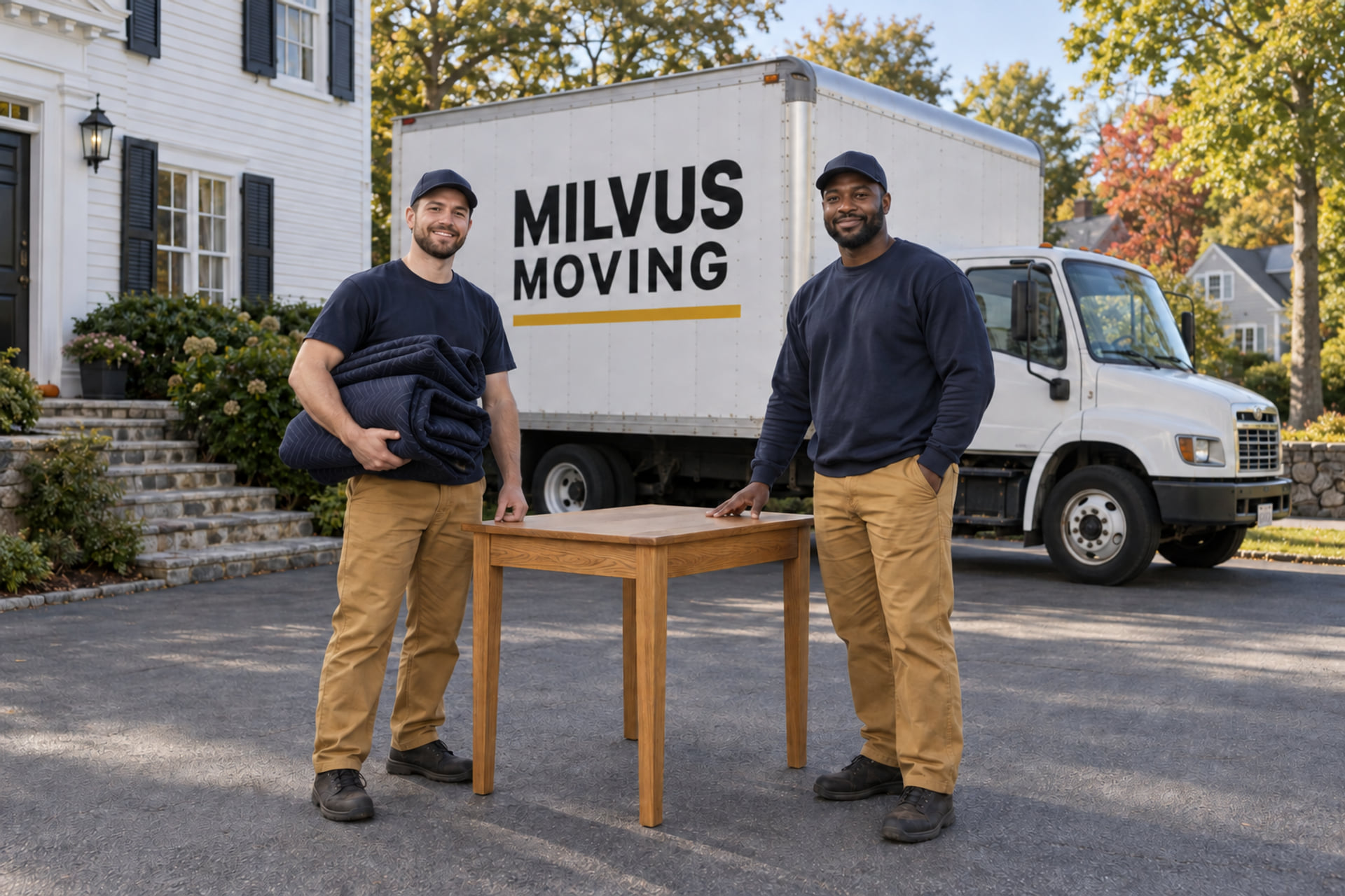 Movers preparing furniture beside a home driveway