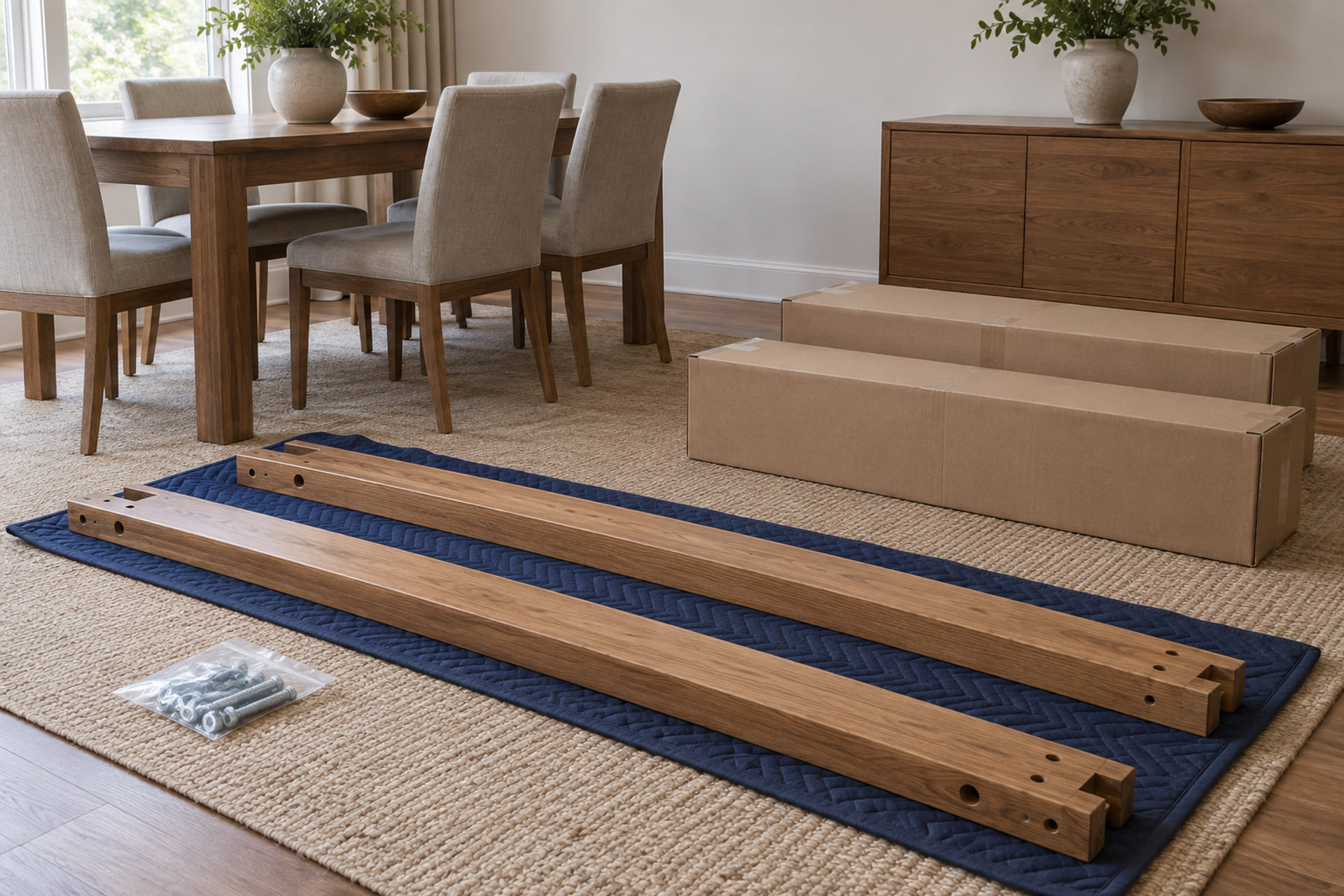 Furniture pieces and packing materials prepared in a home