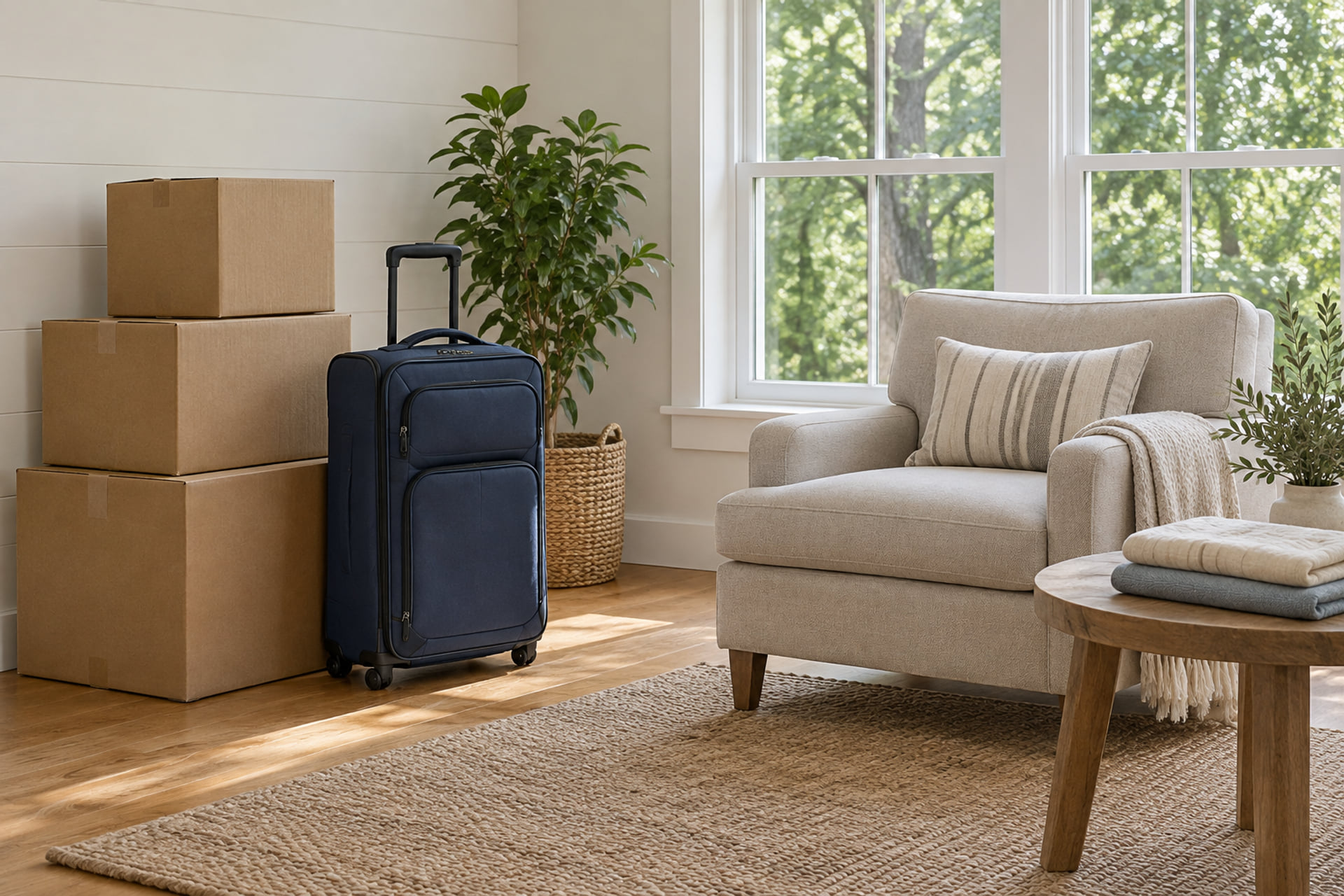 Separate groups of household cartons and personal luggage