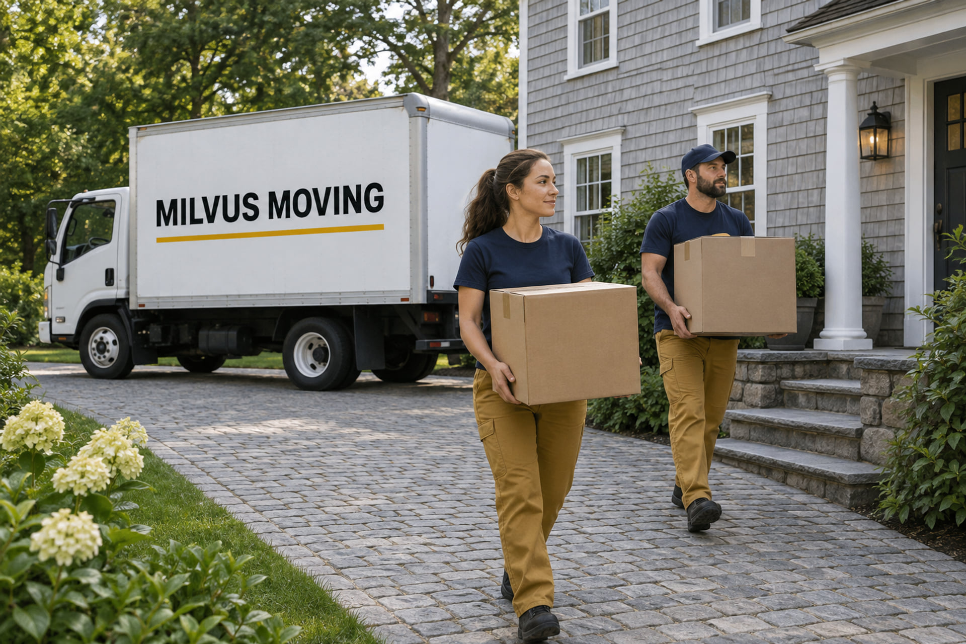 Movers preparing a small household load outside a home