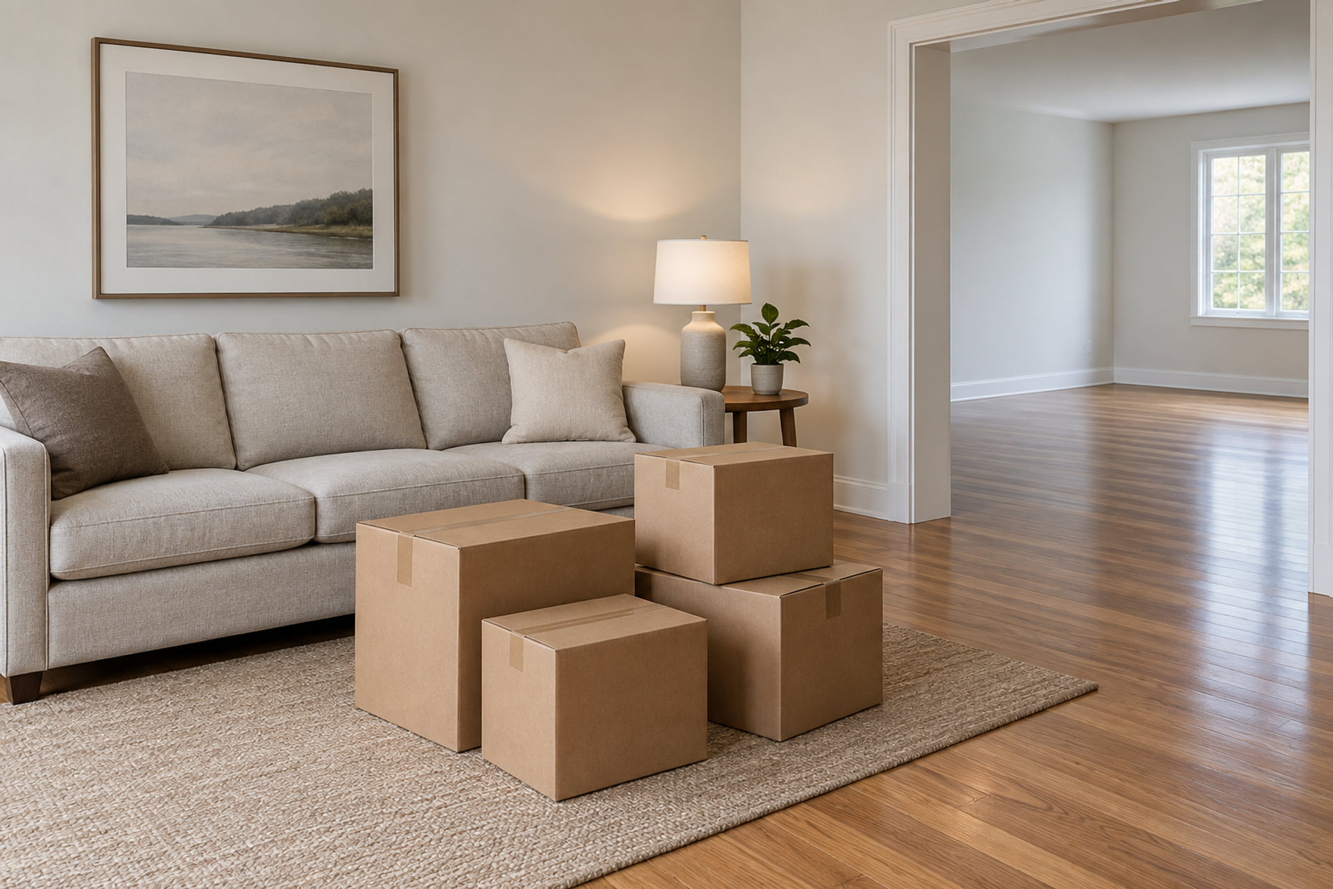 An apartment receiving room with packed belongings