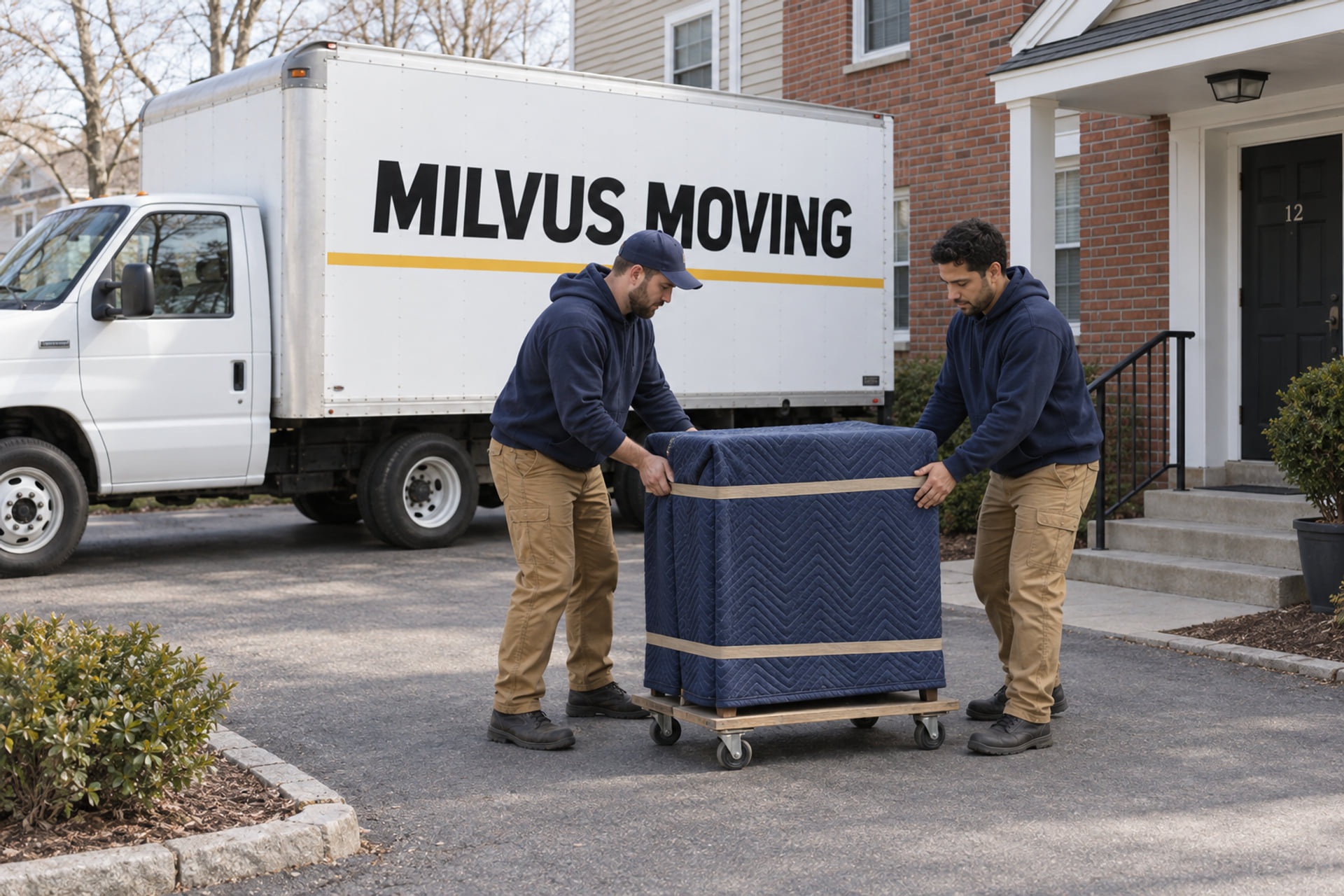 Movers preparing a cabinet near a residential building