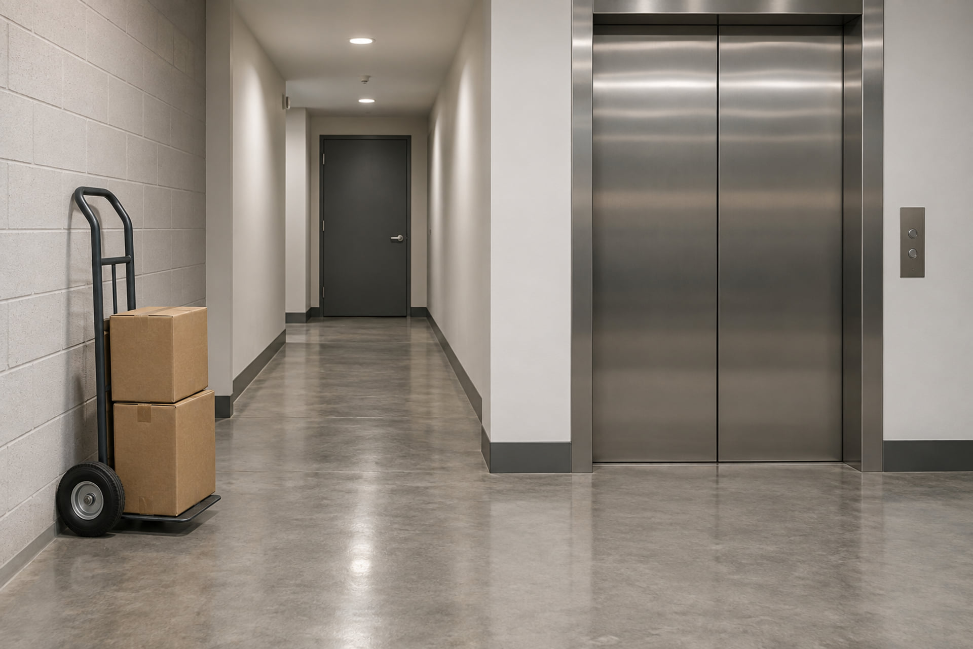 A clear building corridor and elevator entrance
