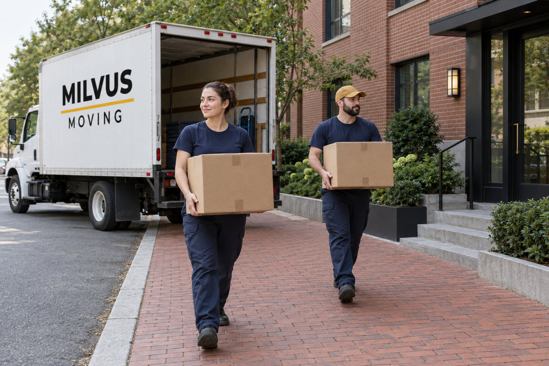 Movers preparing household cartons beside a brick city building