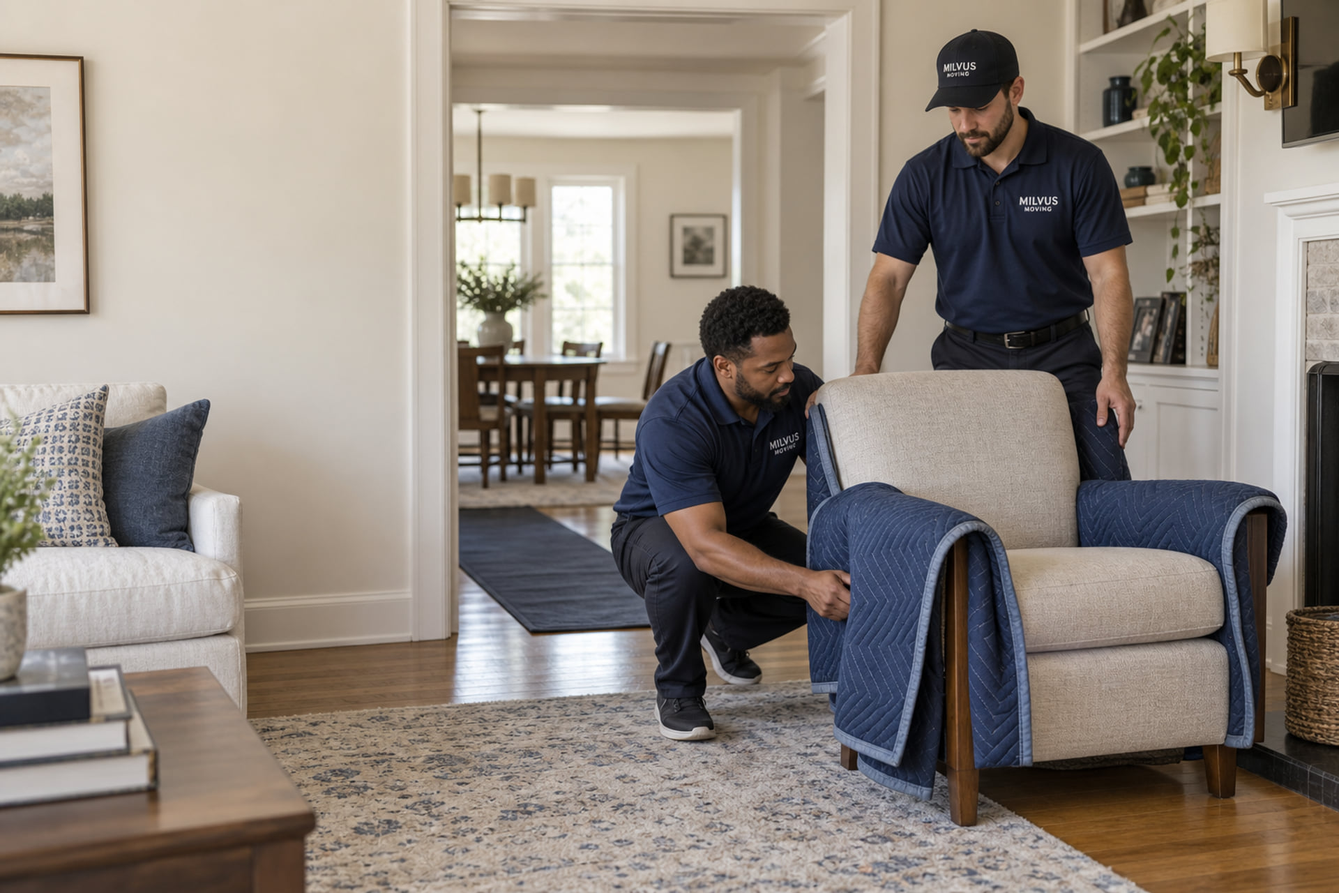 Movers placing a protected armchair in a bright home