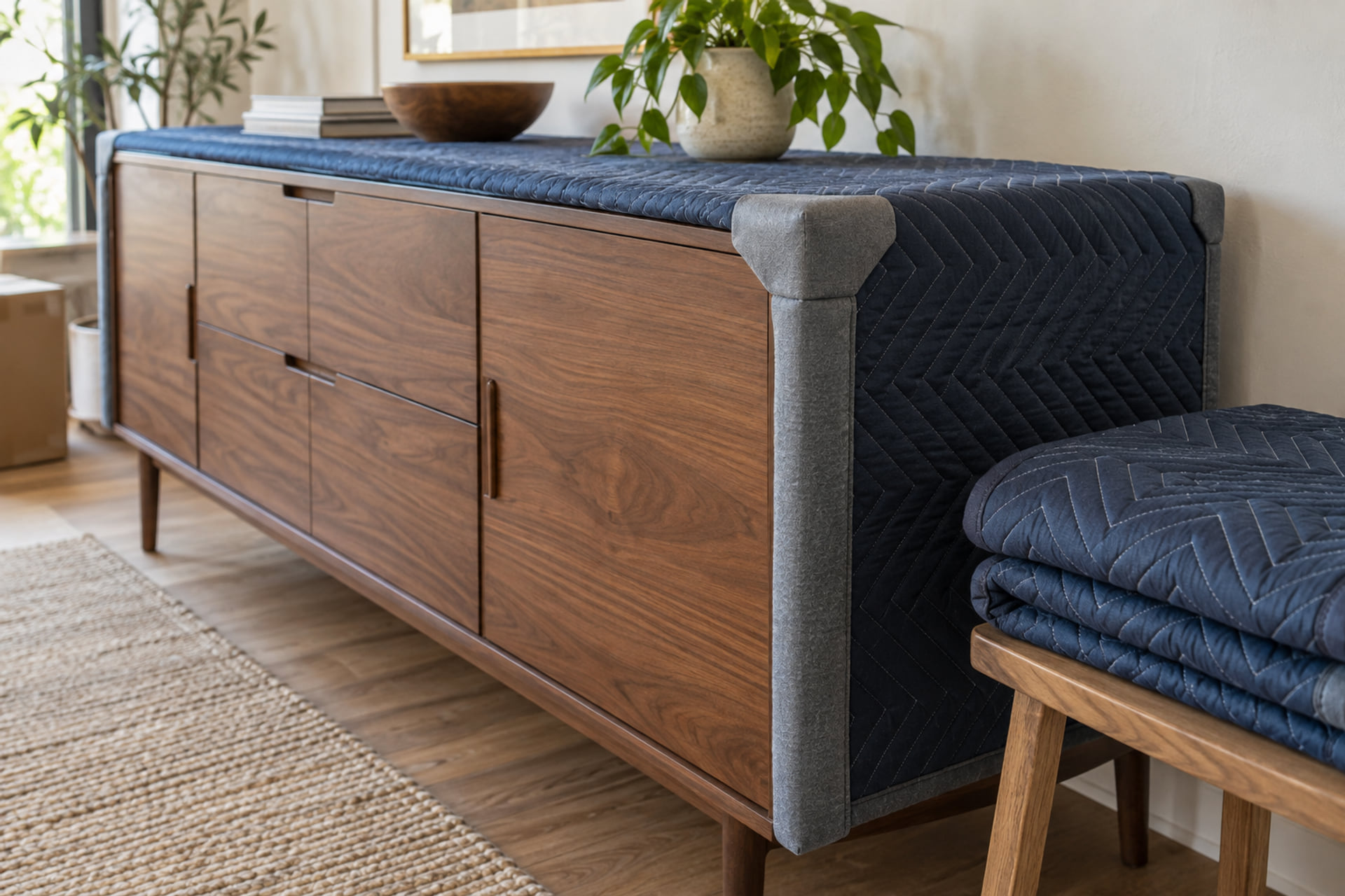 Protected furniture corners and folded packing blankets