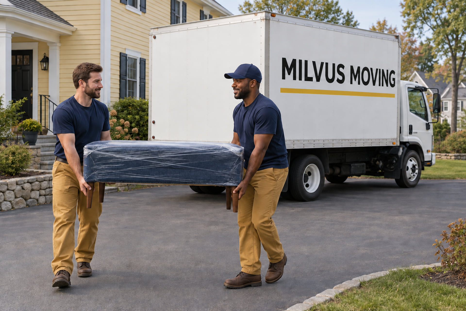 Movers preparing a household move outside a suburban home