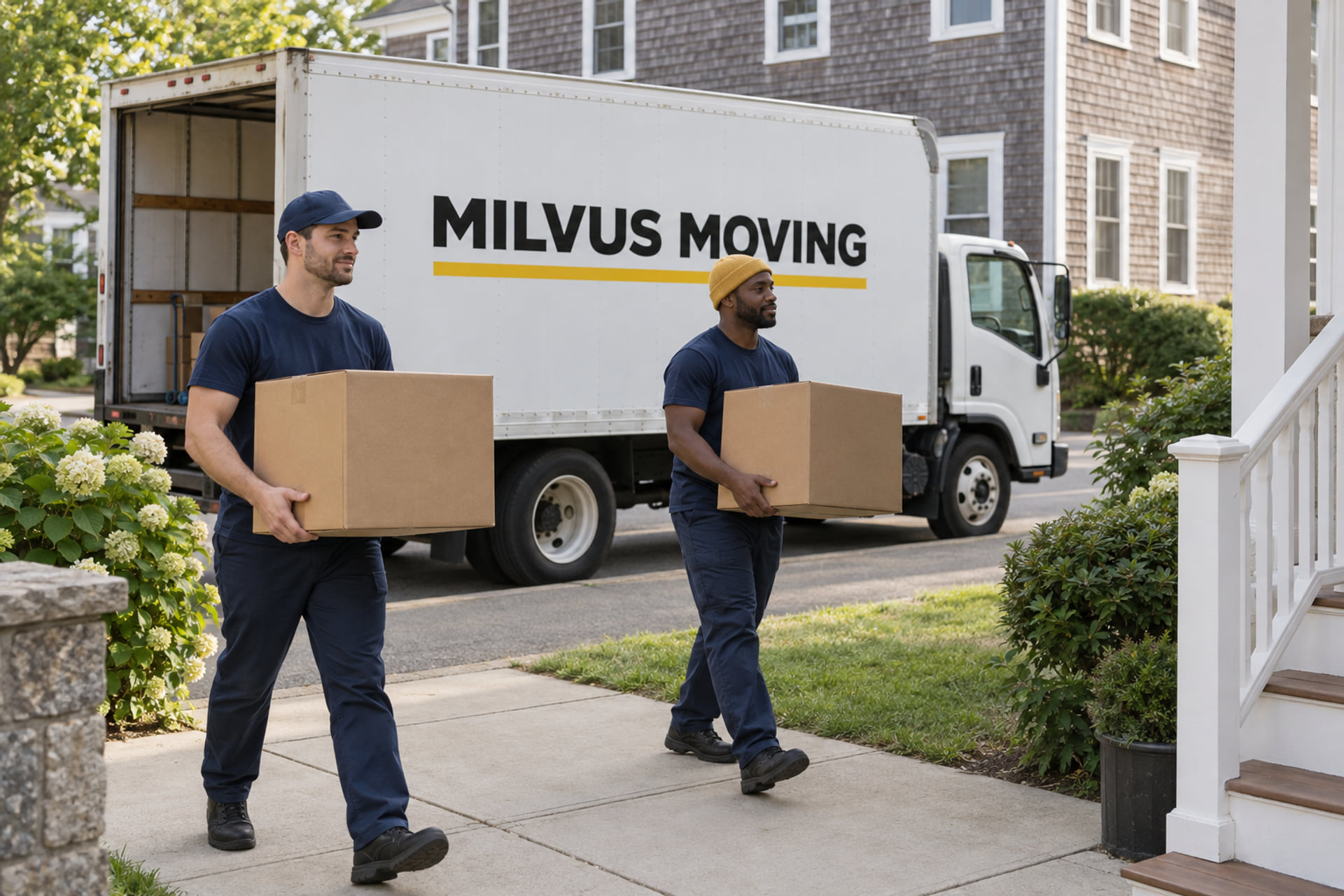 Movers collecting cartons near a Massachusetts home