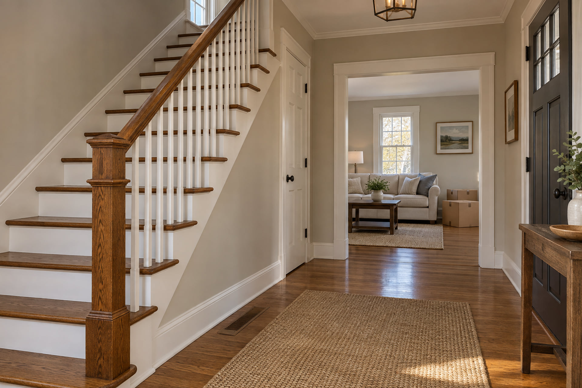 A clear home stairway and entrance for furniture access