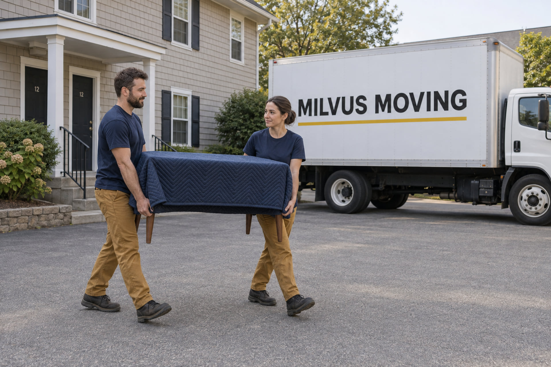 Movers carrying furniture near an apartment entrance