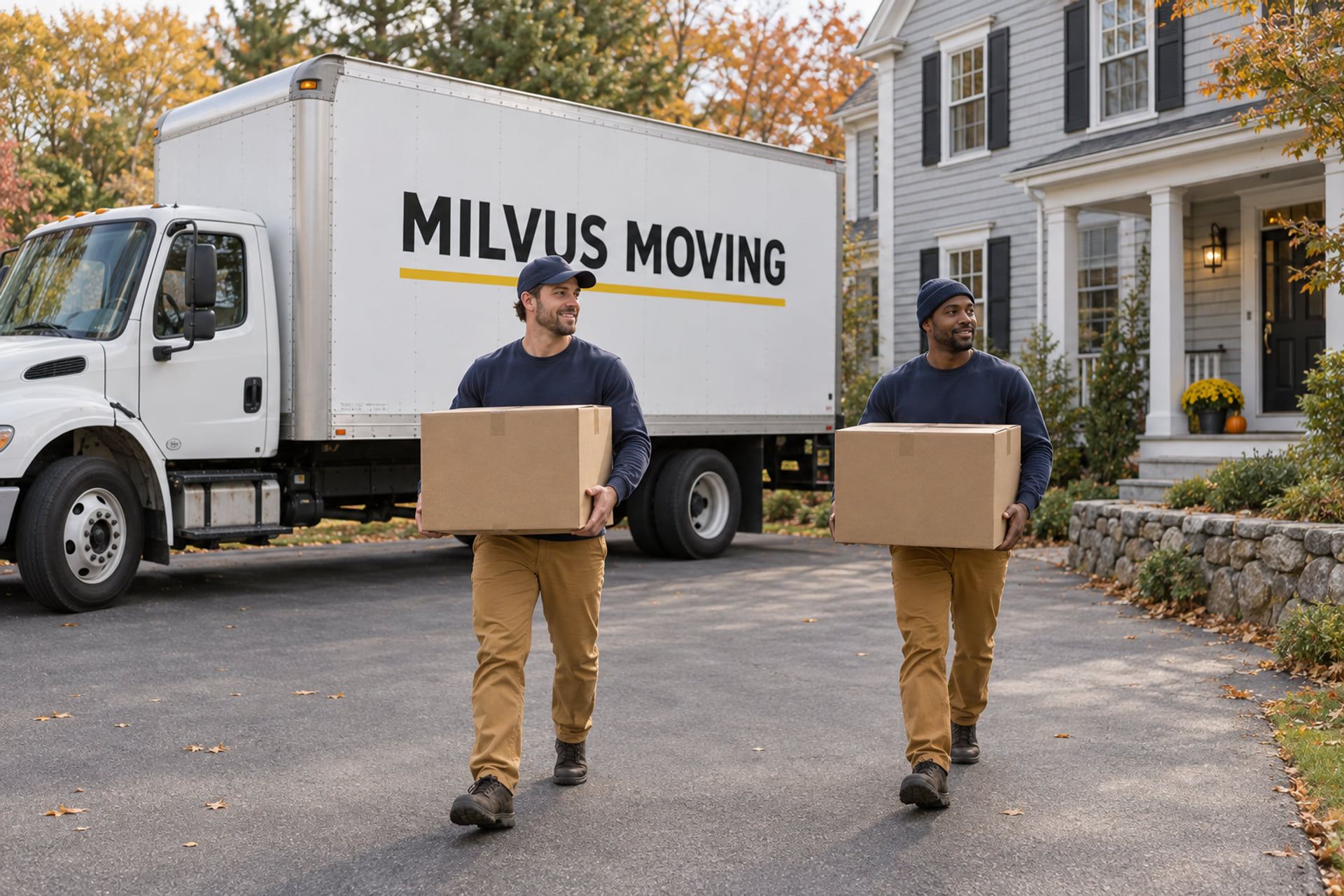 Movers collecting a household load outside a Massachusetts home